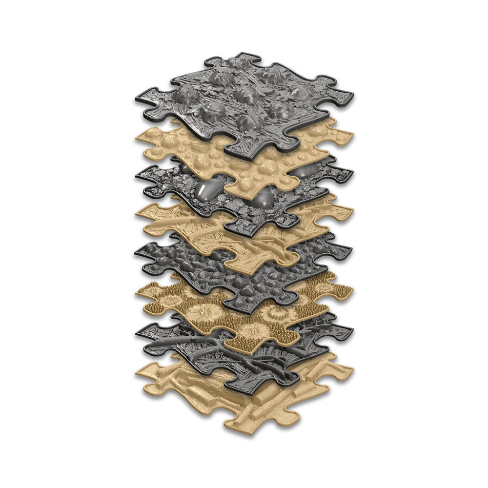 Set covorase ortopedice senzoriale Muffik Natural, pentru stimulare tactila, echilibru si dezvoltare motrica, 8 piese, 29.79 x 29.79 cm, 1+ ani