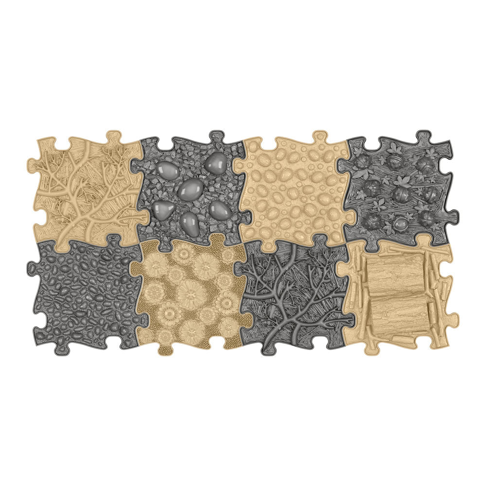 Set covorase ortopedice senzoriale Muffik Natural, pentru stimulare tactila, echilibru si dezvoltare motrica, 8 piese, 29.79 x 29.79 cm, 1+ ani