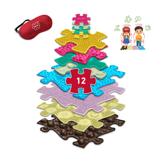 Set covorase ortopedice senzoriale Muffik Tactile Memory Game, joc tactil pentru stimularea memoriei, echilibrului si coordonarii, 12 piese, multiple dimensiuni, 3+ ani