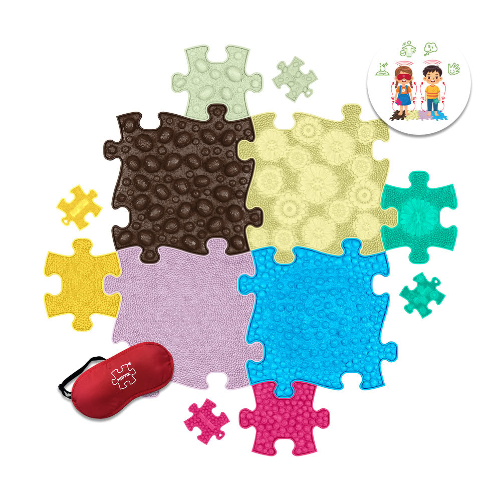 Set covorase ortopedice senzoriale Muffik Tactile Memory Game, joc tactil pentru stimularea memoriei, echilibrului si coordonarii, 12 piese, multiple dimensiuni, 3+ ani