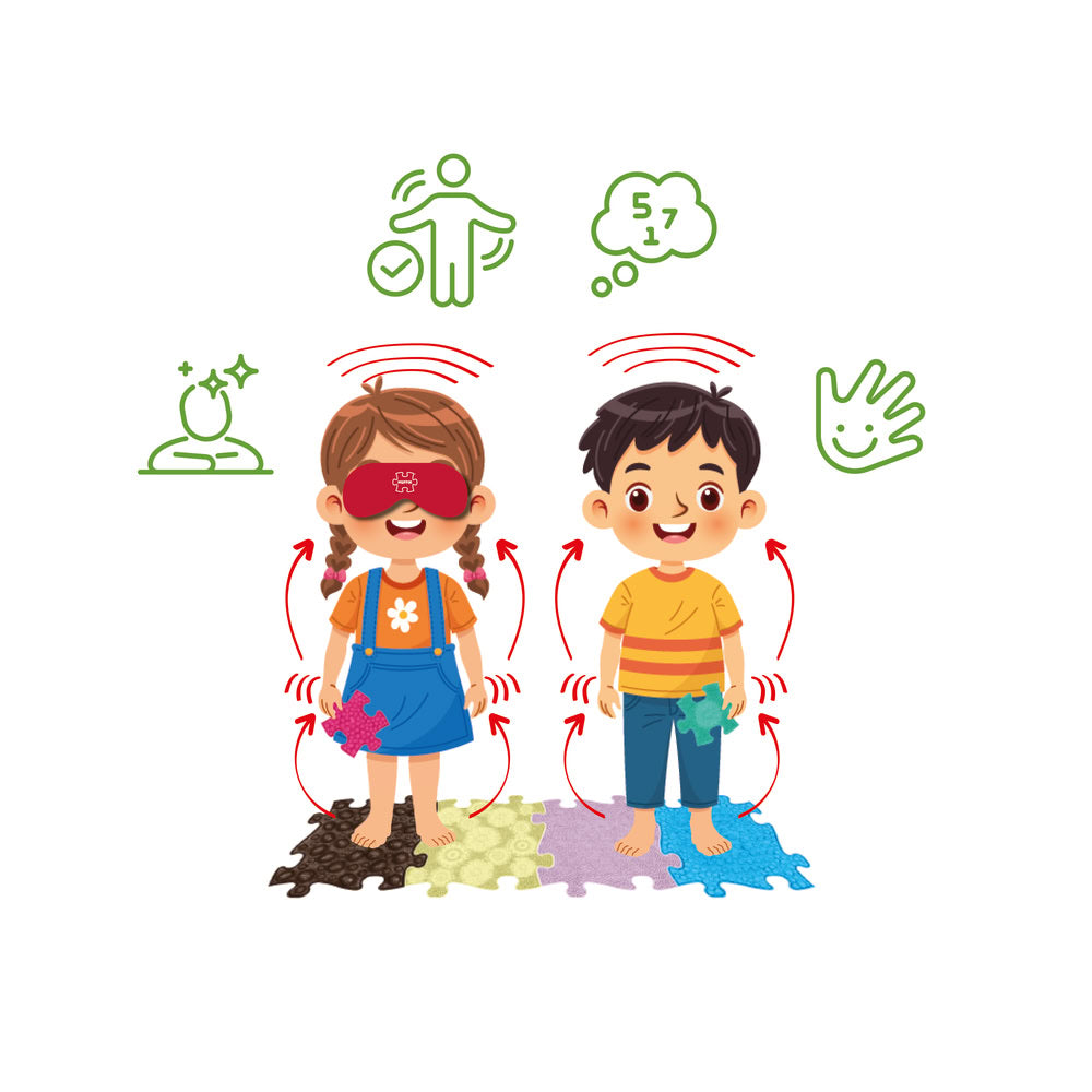 Set covorase ortopedice senzoriale Muffik Tactile Memory Game, joc tactil pentru stimularea memoriei, echilibrului si coordonarii, 12 piese, multiple dimensiuni, 3+ ani