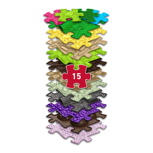 Set covorase ortopedice senzoriale Muffik Valgosity, pentru stimulare tactila, corectarea pozitiei picioarelor si dezvoltare motrica, 15 piese, multiple dimensiuni, 1+ ani