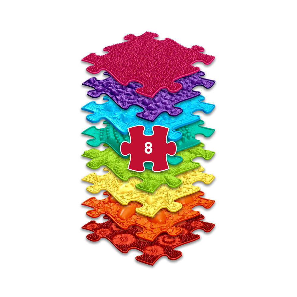 Set covorase ortopedice senzoriale Muffik Rainbow, pentru stimulare tactila, echilibru si dezvoltare motrica, 8 piese, 29.79 x 29.79 cm, 1+ ani