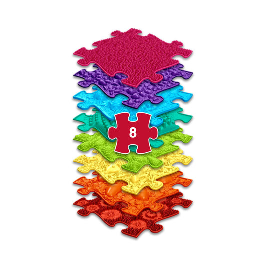 Set covorase ortopedice senzoriale Muffik Rainbow, pentru stimulare tactila, echilibru si dezvoltare motrica, 8 piese, 29.79 x 29.79 cm, 1+ ani