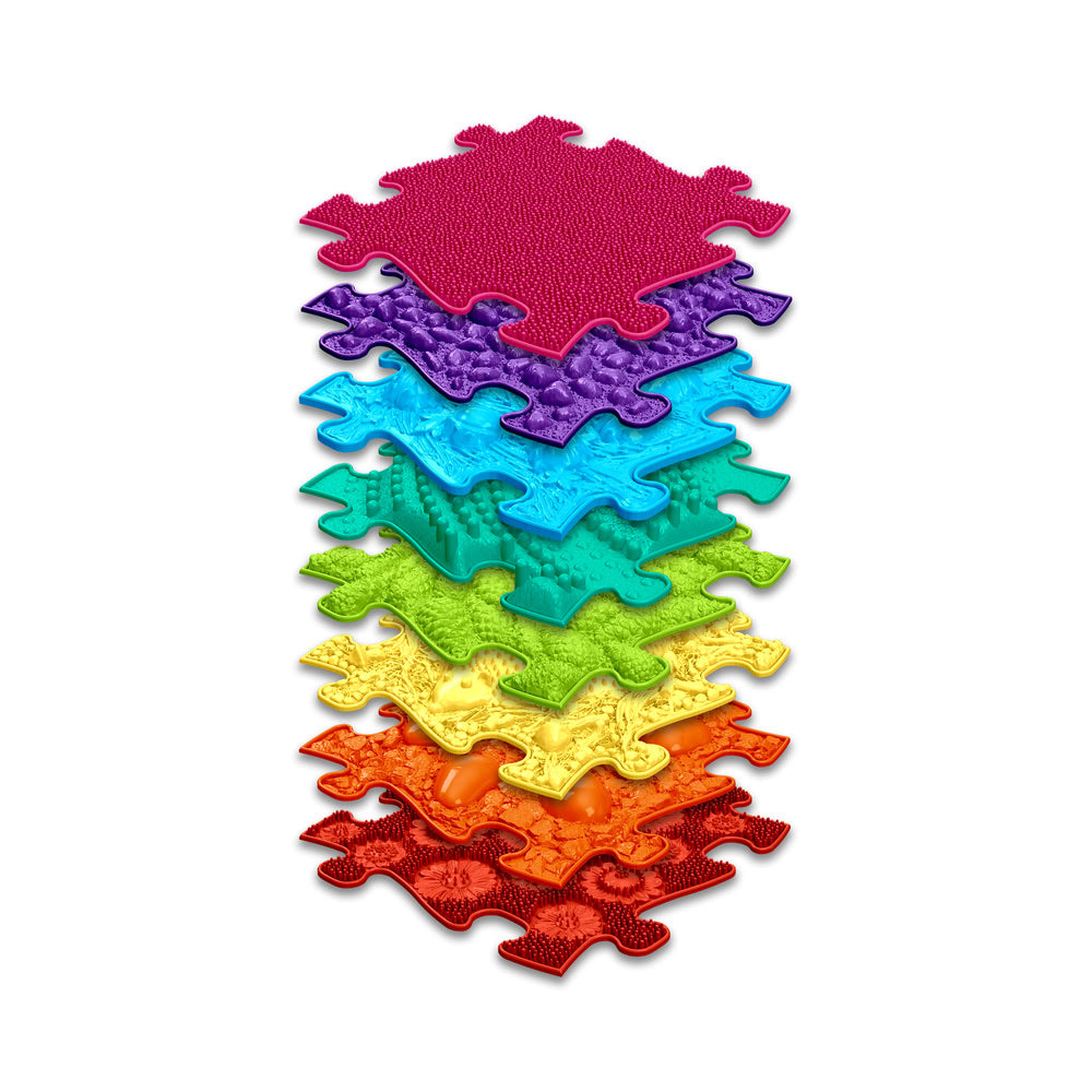 Set covorase ortopedice senzoriale Muffik Rainbow, pentru stimulare tactila, echilibru si dezvoltare motrica, 8 piese, 29.79 x 29.79 cm, 1+ ani