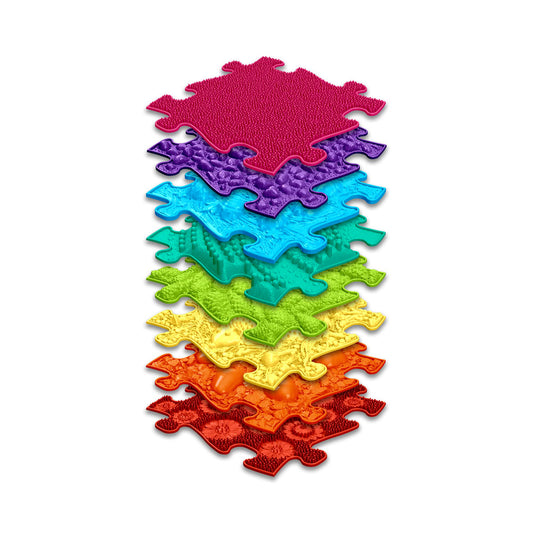 Set covorase ortopedice senzoriale Muffik Rainbow, pentru stimulare tactila, echilibru si dezvoltare motrica, 8 piese, 29.79 x 29.79 cm, 1+ ani