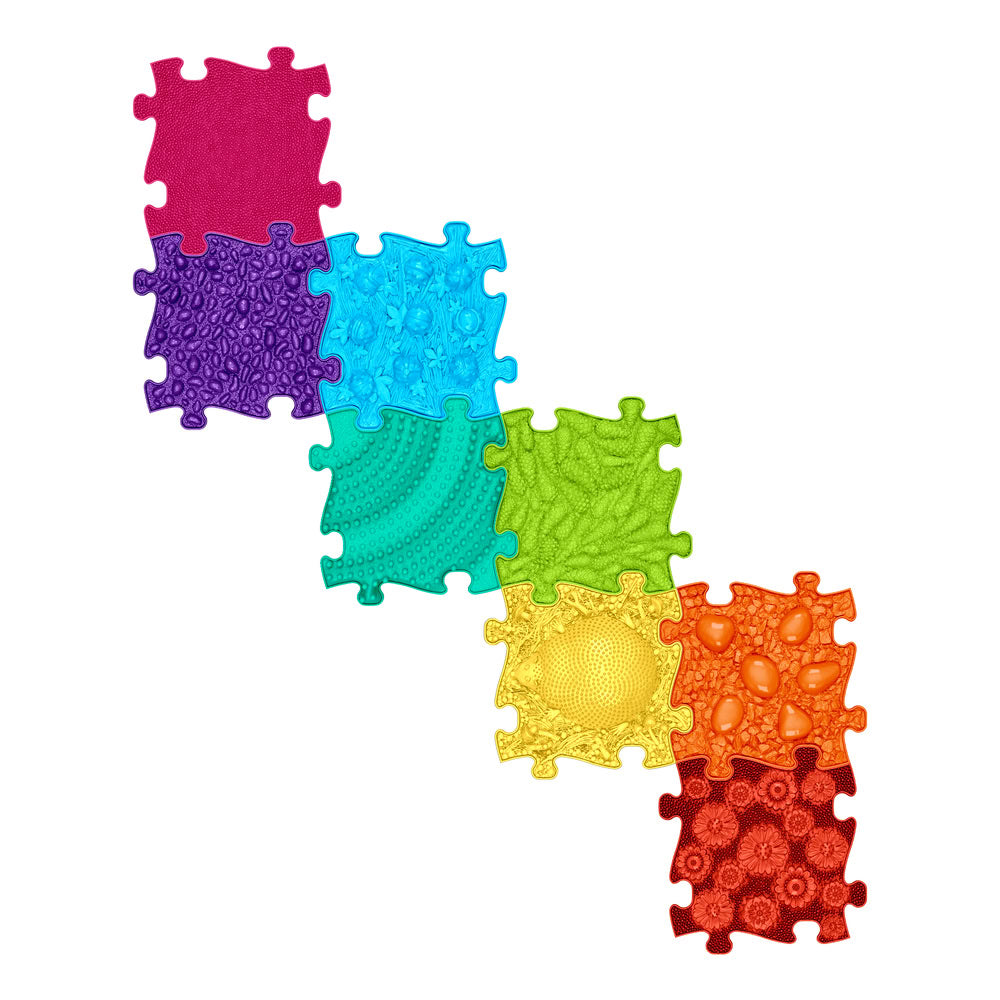 Set covorase ortopedice senzoriale Muffik Rainbow, pentru stimulare tactila, echilibru si dezvoltare motrica, 8 piese, 29.79 x 29.79 cm, 1+ ani