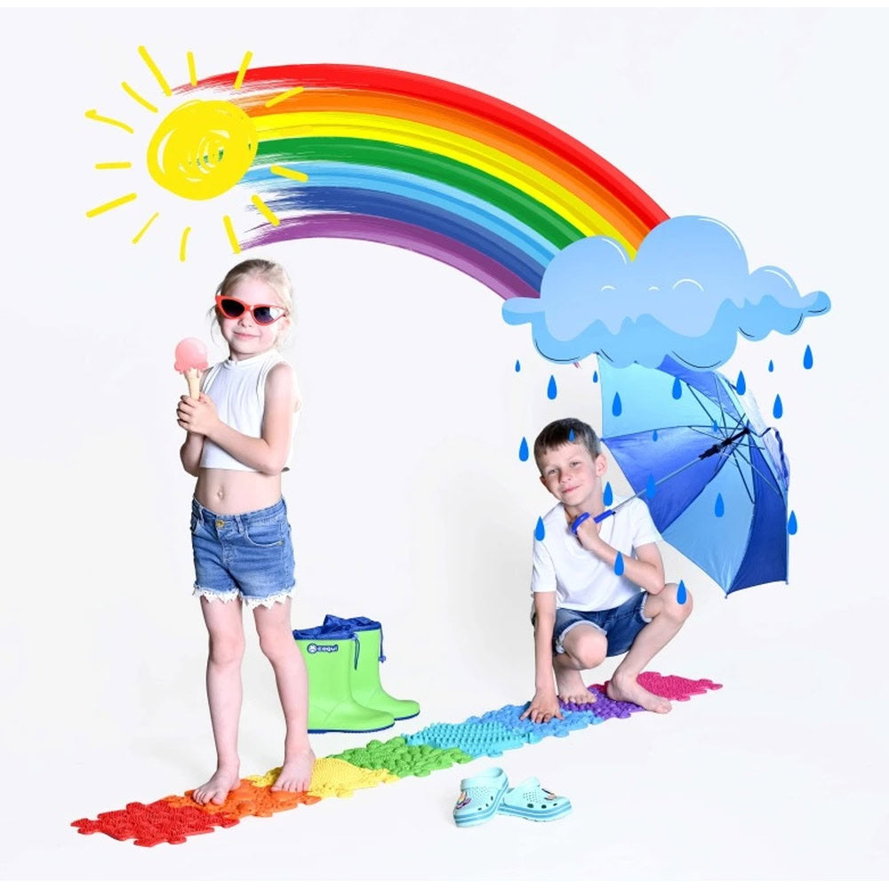Set covorase ortopedice senzoriale Muffik Rainbow, pentru stimulare tactila, echilibru si dezvoltare motrica, 8 piese, 29.79 x 29.79 cm, 1+ ani