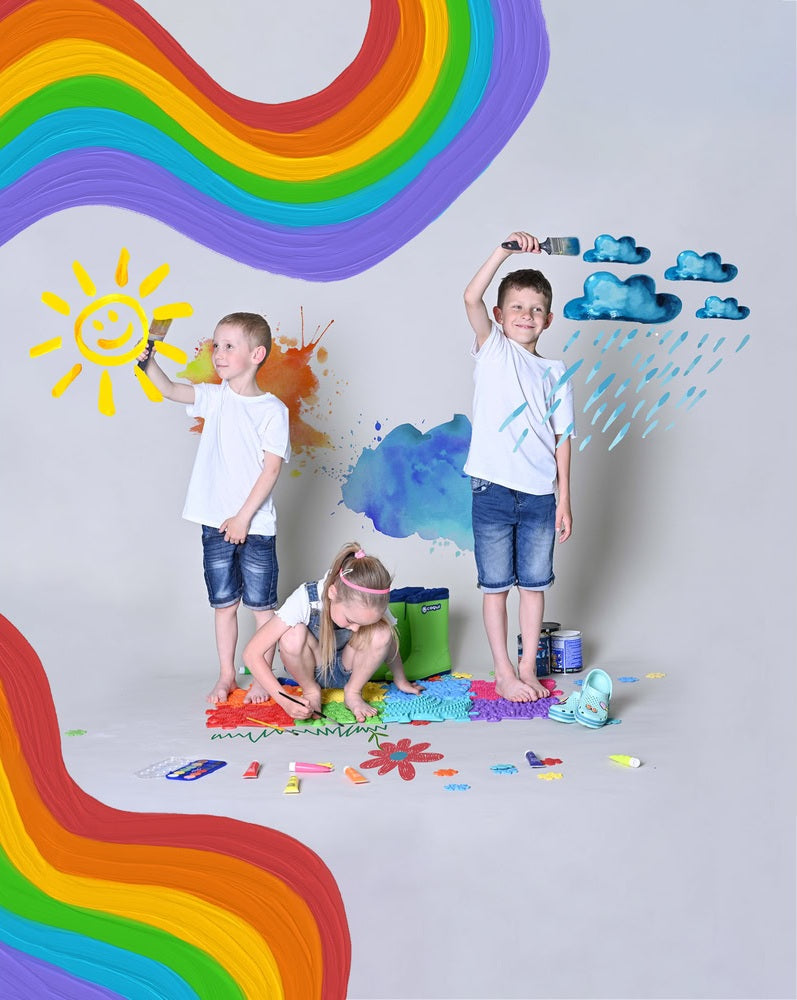 Set covorase ortopedice senzoriale Muffik Rainbow, pentru stimulare tactila, echilibru si dezvoltare motrica, 8 piese, 29.79 x 29.79 cm, 1+ ani