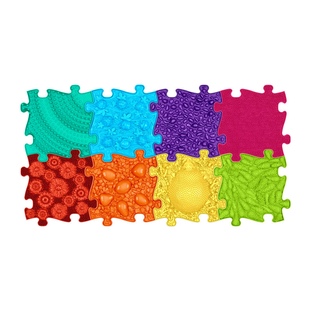 Set covorase ortopedice senzoriale Muffik Rainbow, pentru stimulare tactila, echilibru si dezvoltare motrica, 8 piese, 29.79 x 29.79 cm, 1+ ani