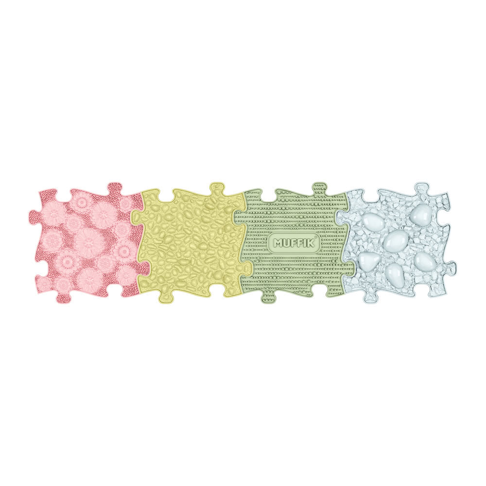 Set covorase ortopedice senzoriale Muffik Join the Muffik Family, pentru stimulare tactila, echilibru si dezvoltare motrica, 4 piese, 29.79 x 29.79 cm, 1+ ani