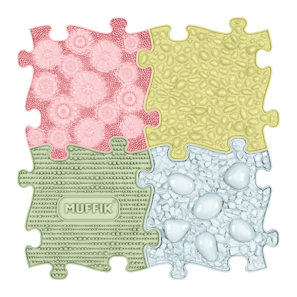 Set covorase ortopedice senzoriale Muffik Join the Muffik Family, pentru stimulare tactila, echilibru si dezvoltare motrica, 4 piese, 29.79 x 29.79 cm, 1+ ani