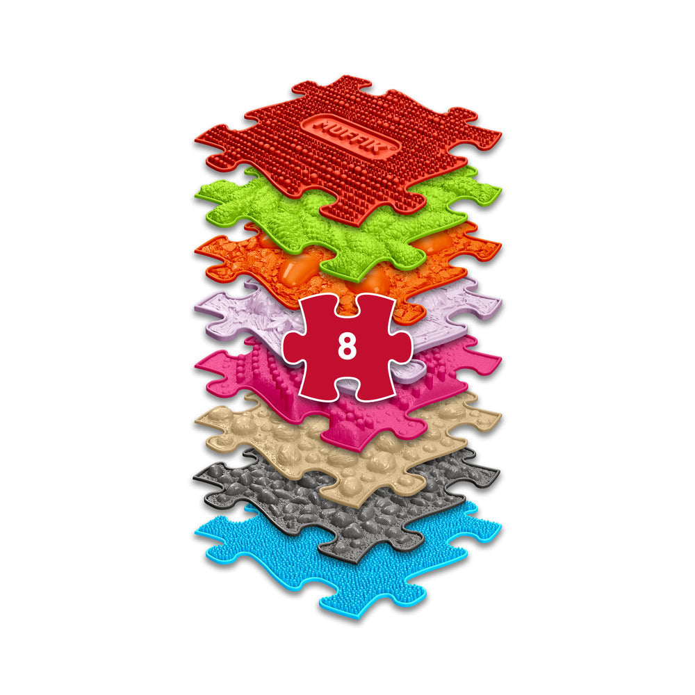 Set covorase ortopedice senzoriale Muffik Medium 1, pentru stimulare tactila, echilibru si dezvoltare motrica, 8 piese, 29.79 x 29.79 cm, 1+ ani
