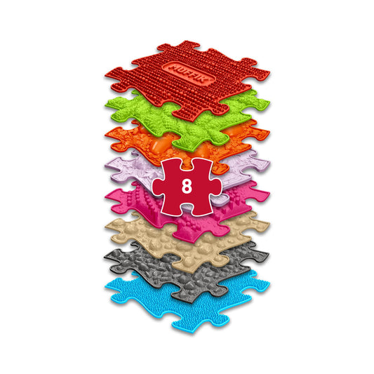 Set covorase ortopedice senzoriale Muffik Medium 1, pentru stimulare tactila, echilibru si dezvoltare motrica, 8 piese, 29.79 x 29.79 cm, 1+ ani