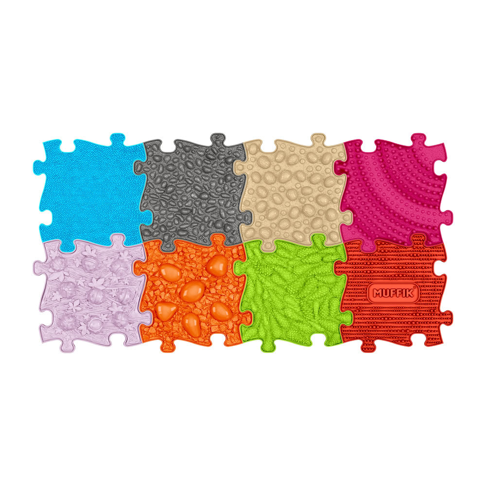 Set covorase ortopedice senzoriale Muffik Medium 1, pentru stimulare tactila, echilibru si dezvoltare motrica, 8 piese, 29.79 x 29.79 cm, 1+ ani