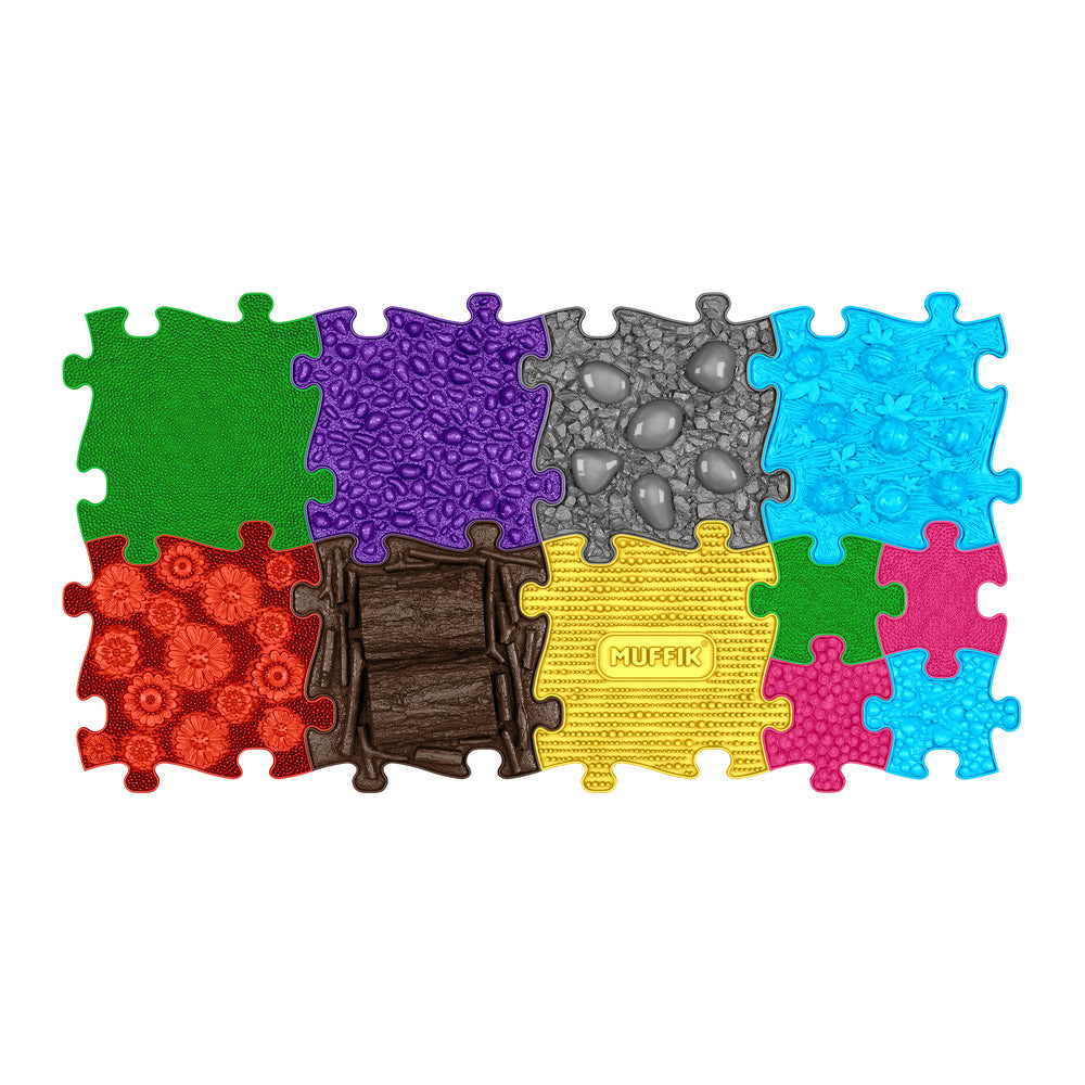 Set covorase ortopedice senzoriale Muffik Medium 2, pentru stimulare tactila, echilibru si dezvoltare motrica, 11 piese, multiple dimensiuni, 1+ ani