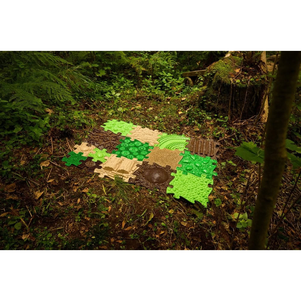 Set covorase ortopedice senzoriale Muffik Touch of Nature, pentru stimulare tactila, echilibru si dezvoltare motrica, 15 piese, multiple dimensiuni, 1+ ani
