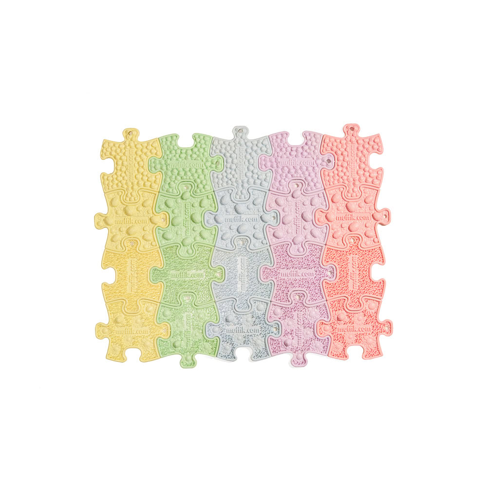 Set puzzle senzorial, Nano Puzzles Pastel, din gama covoraselor ortopedice Muffik, stimulare tactila, creativitate si dezvoltare motrica, 20 piese, 6.5 x 5.4 cm, 1+ ani