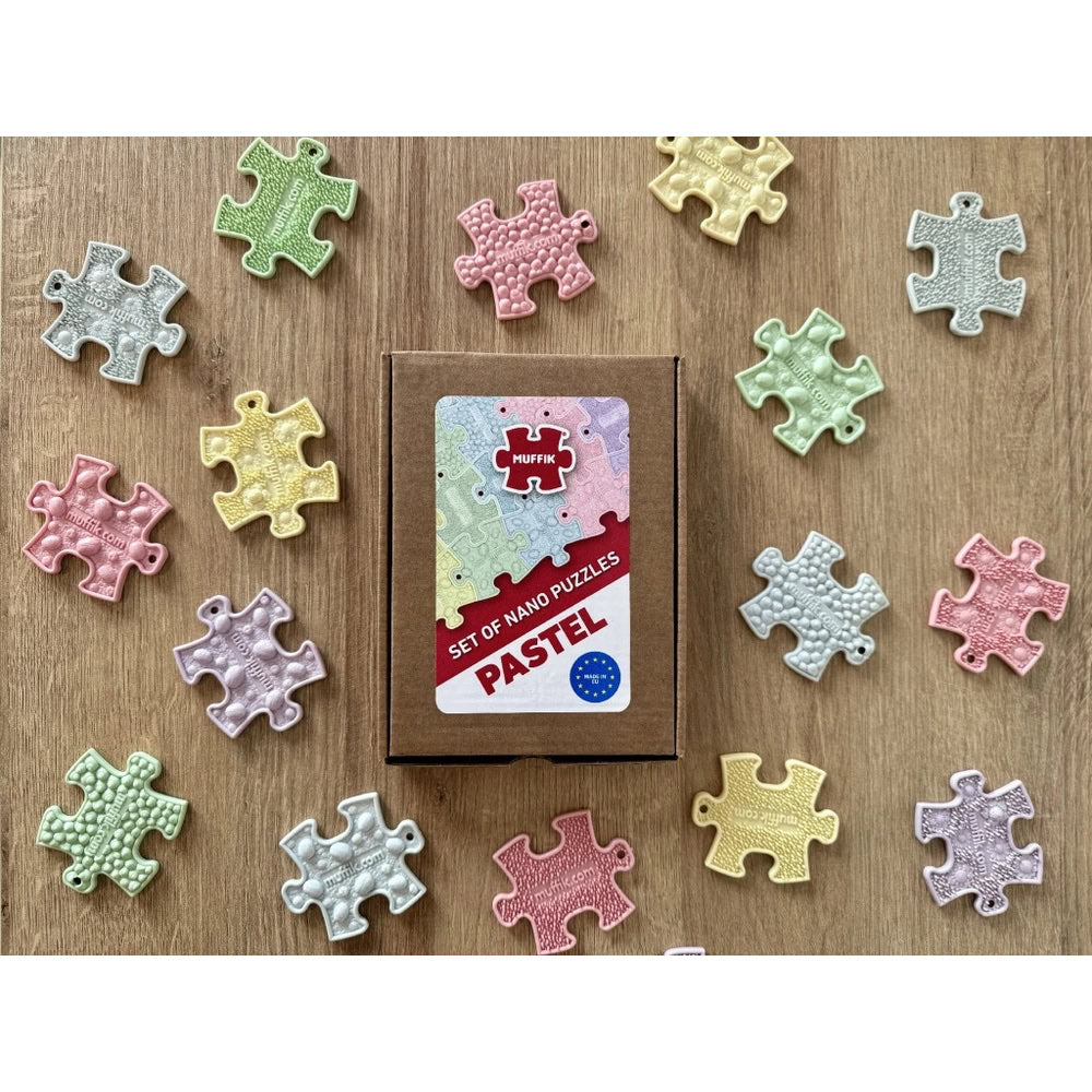 Set puzzle senzorial, Nano Puzzles Pastel, din gama covoraselor ortopedice Muffik, stimulare tactila, creativitate si dezvoltare motrica, 20 piese, 6.5 x 5.4 cm, 1+ ani