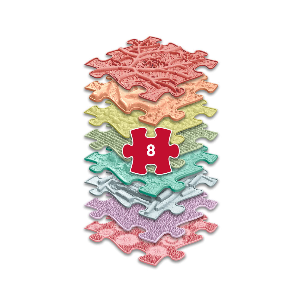 Set covorase ortopedice senzoriale Muffik Rainbow Pastel, pentru stimulare tactila, echilibru si dezvoltare motrica, 8 piese, 29.79 x 29.79 cm, 1+ ani