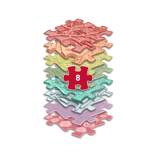 Set covorase ortopedice senzoriale Muffik Rainbow Pastel, pentru stimulare tactila, echilibru si dezvoltare motrica, 8 piese, 29.79 x 29.79 cm, 1+ ani