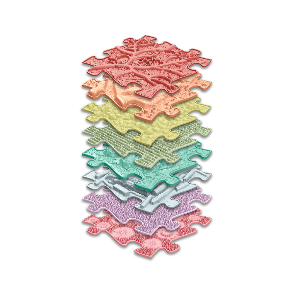 Set covorase ortopedice senzoriale Muffik Rainbow Pastel, pentru stimulare tactila, echilibru si dezvoltare motrica, 8 piese, 29.79 x 29.79 cm, 1+ ani