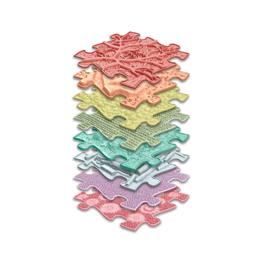 Set covorase ortopedice senzoriale Muffik Rainbow Pastel, pentru stimulare tactila, echilibru si dezvoltare motrica, 8 piese, 29.79 x 29.79 cm, 1+ ani