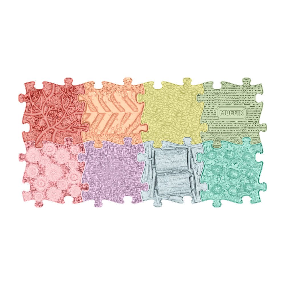 Set covorase ortopedice senzoriale Muffik Rainbow Pastel, pentru stimulare tactila, echilibru si dezvoltare motrica, 8 piese, 29.79 x 29.79 cm, 1+ ani