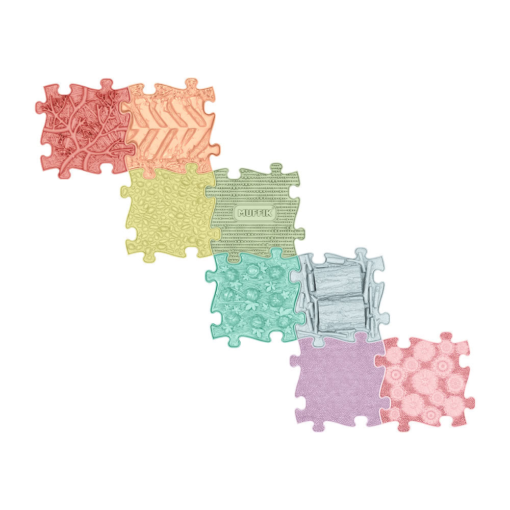 Set covorase ortopedice senzoriale Muffik Rainbow Pastel, pentru stimulare tactila, echilibru si dezvoltare motrica, 8 piese, 29.79 x 29.79 cm, 1+ ani