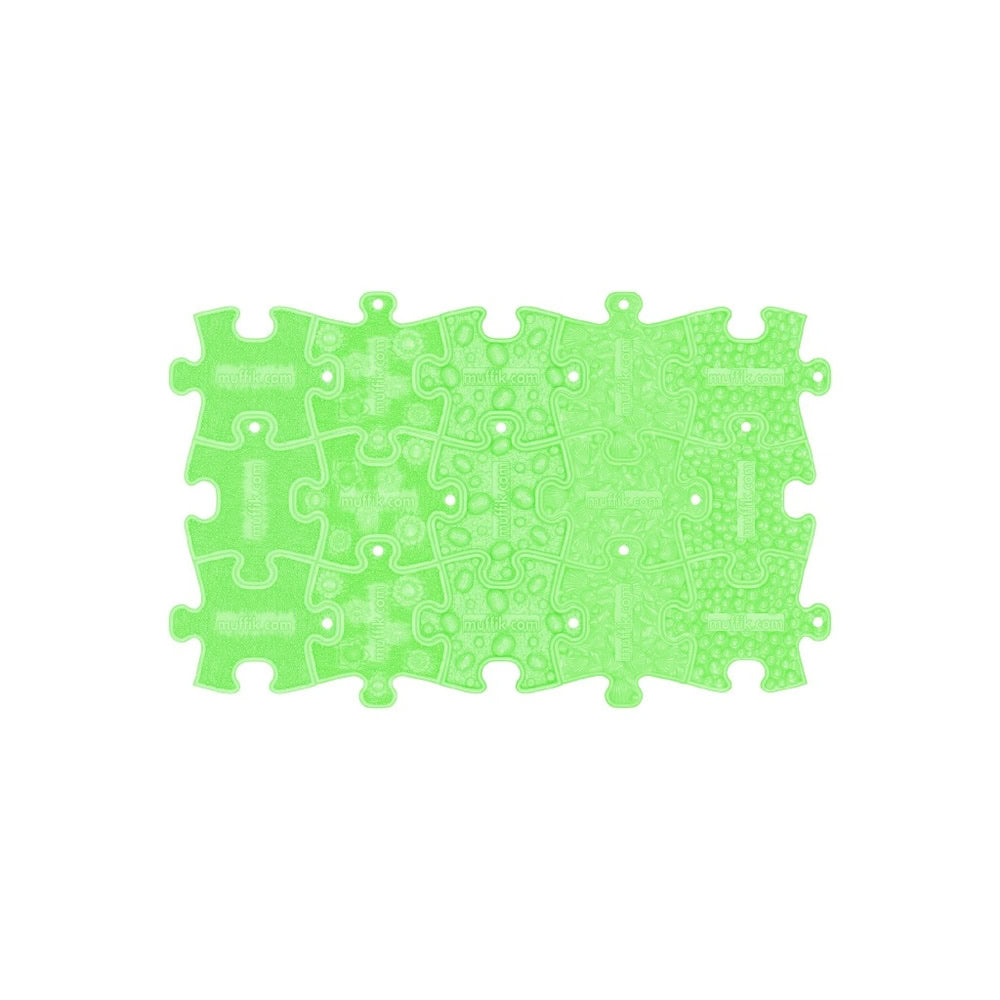 Set puzzle senzorial fluorescent Muffik Let’s Glow, piese tactile care lumineaza in intuneric, verde fosforescente, 15 piese, 6.5 x 5.4 cm, 1+ ani