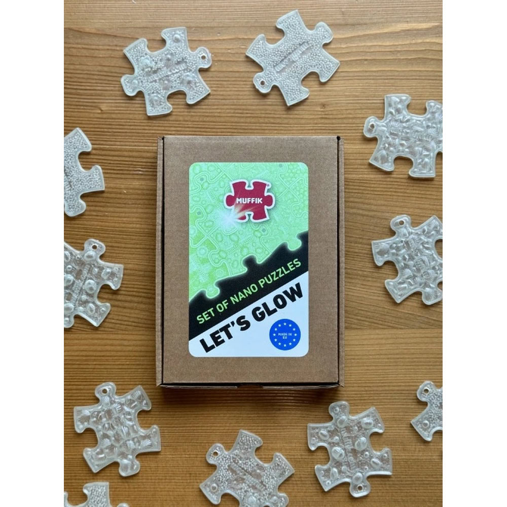 Set puzzle senzorial fluorescent Muffik Let’s Glow, piese tactile care lumineaza in intuneric, verde fosforescente, 15 piese, 6.5 x 5.4 cm, 1+ ani