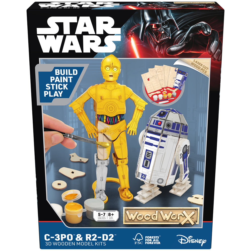 Imagine - Macheta de asamblat, Wood WorX - Star Wars - C-3PO & R2D2, cu 110+ piese din lemn + vopsea, pensula si adeziv inclus