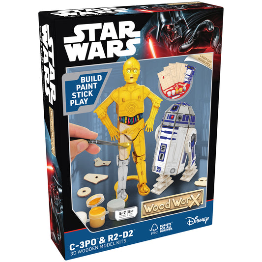 Imagine - Macheta de asamblat, Wood WorX - Star Wars - C-3PO & R2D2, cu 110+ piese din lemn + vopsea, pensula si adeziv inclus