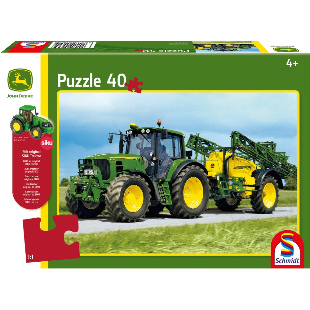 Imagine Puzzle Schmidt: John Deere - Tractor 6630 cu pulverizator, 40 piese + Cadou: macheta Siku