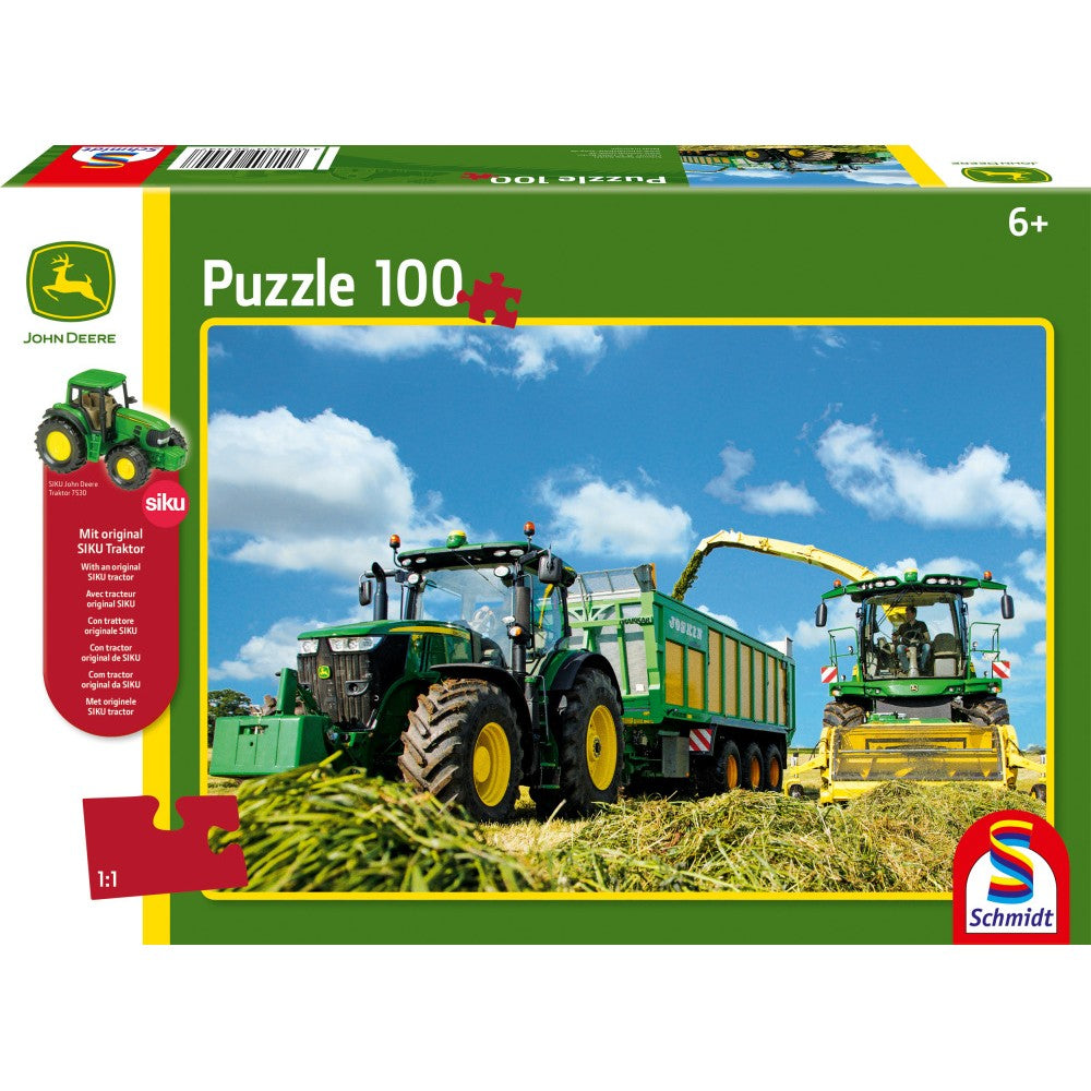 Imagine Puzzle Schmidt: John Deere - Tractor 7310R si combina de recoltat 8600i, 100 piese + Cadou: macheta Siku