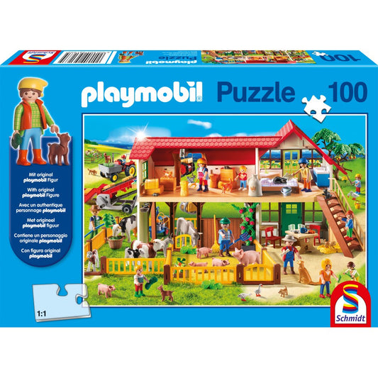 Imagine Puzzle Schmidt: playmobil - La ferma, 100 piese + Cadou: figurina playmobil