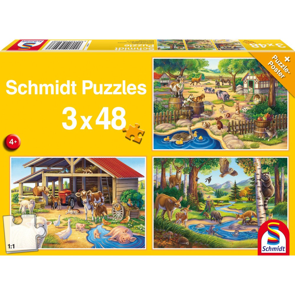 Imagine Puzzle Schmidt: Animalele mele favorite, Set de 3 x 48 piese + Cadou: poster