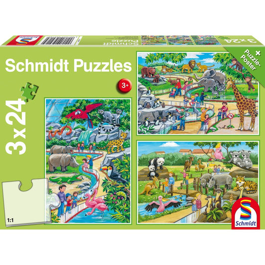 Imagine Puzzle Schmidt: O zi la gradina zoologica, Set de 3 x 24 piese + Cadou: poster