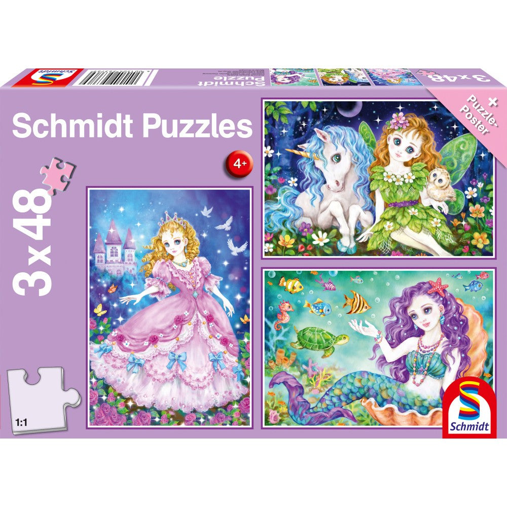 Imagine Puzzle Schmidt: Printesa, zana si sirena, Set de 3 x 48 piese + Cadou: poster