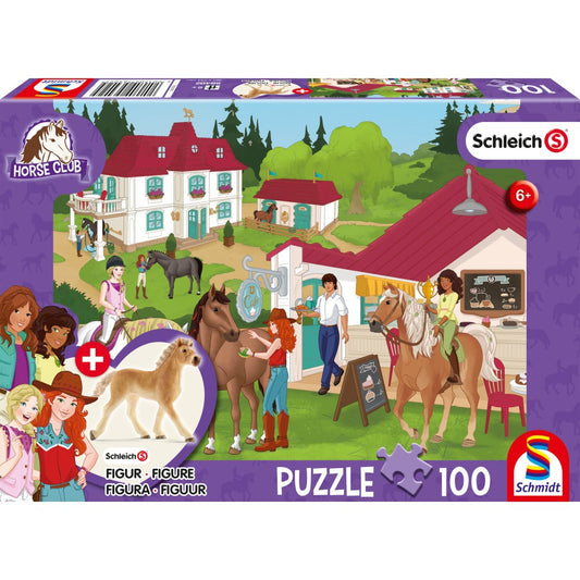 Imagine Puzzle Schmidt: Schleich - Horse Club: Grajduri de echitatie, 100 piese + Cadou: figurine animale