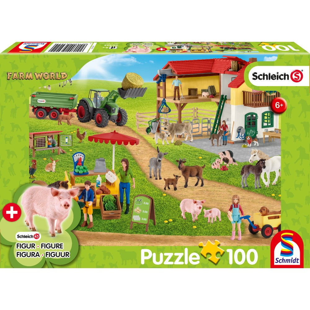 Imagine Puzzle Schmidt: Schleich - Farm World: Ferma si piata, 100 piese + Cadou: figurine animale
