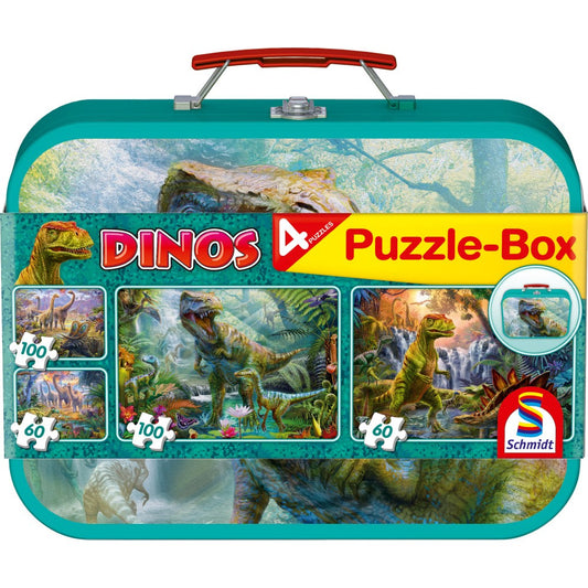 Imagine Puzzle Schmidt: Dinozauri,  Set de 2 x 60 piese si 2 x 100 piese + Bonus: cufar metalic