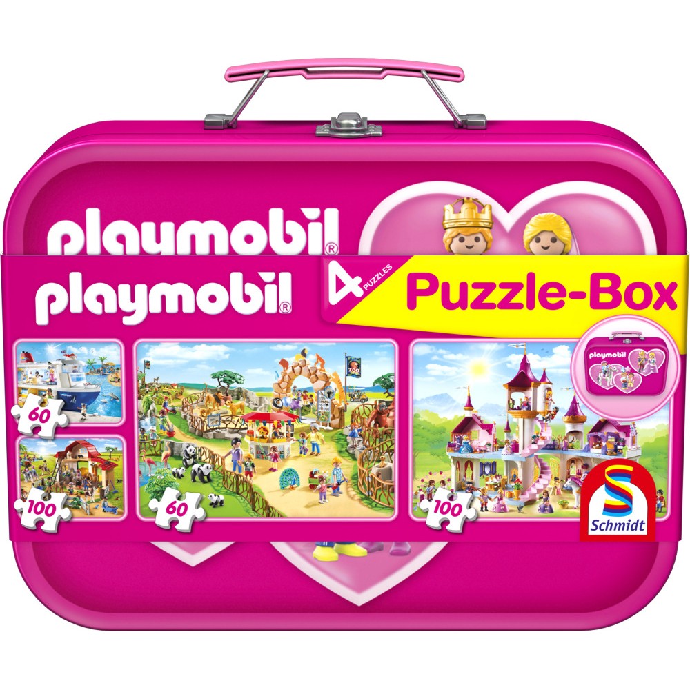 Imagine Puzzle Schmidt: Playmobil - Playmobil roz,  Set de 2 x 60 piese si 2 x 100 piese + Bonus: cufar metalic