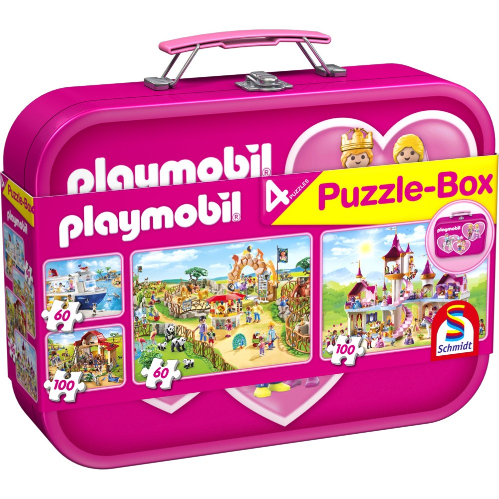 Imagine Puzzle Schmidt: Playmobil - Playmobil roz, Set de 2 x 60 piese si 2 x 100 piese + Bonus: cufar metalic