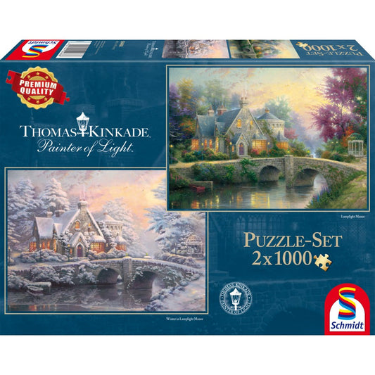 Imagine Puzzle Schmidt: Thomas Kinkade - Kinkade: Conac in lumina serii / Iarna la conac, Set de 2*1000 piese